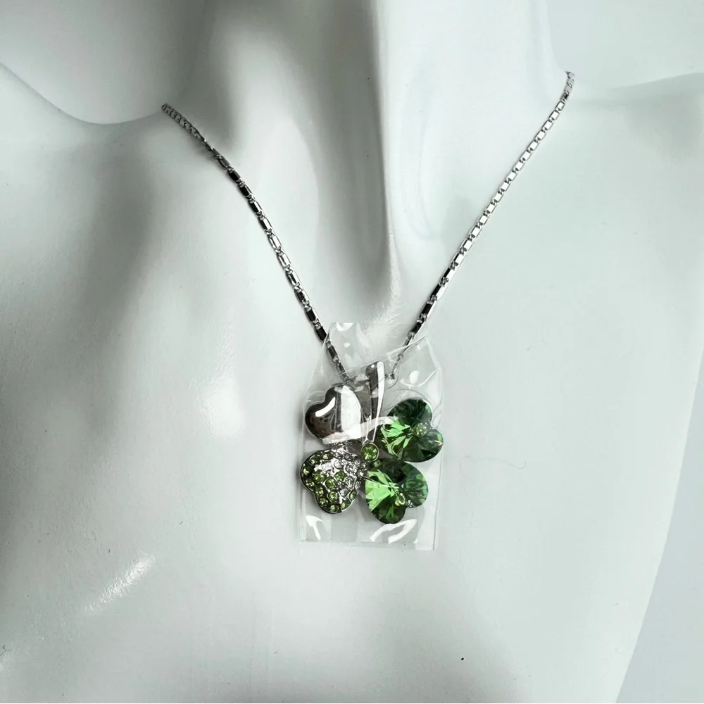 DAHLIA Four Leaf Clover Pendant Necklace Silver Tone Green Crystal Cz Heart Luck
